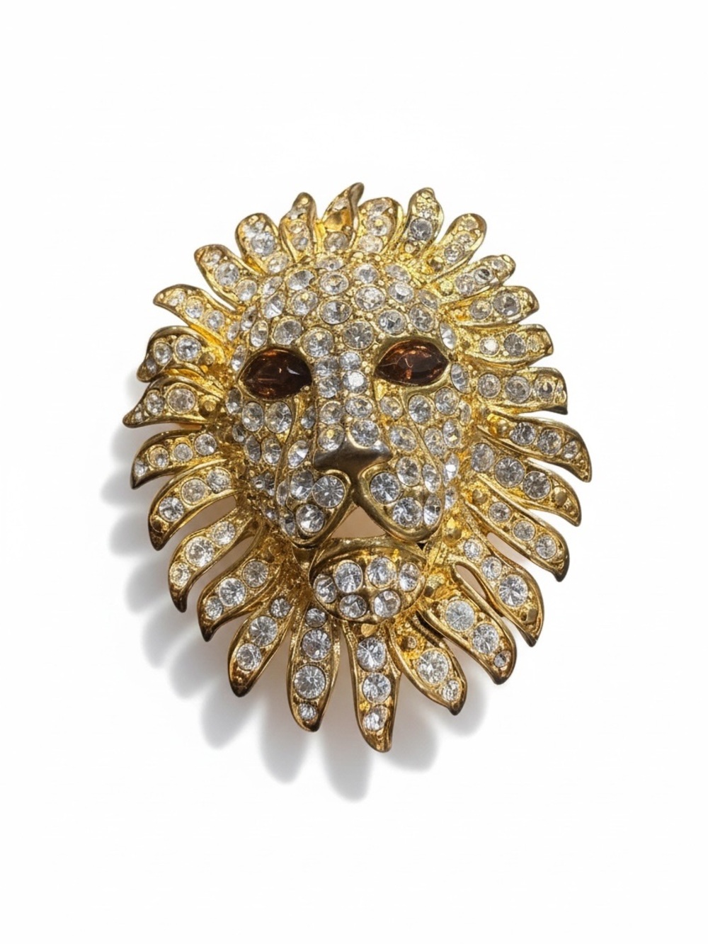 Vintage KJL Kenneth Jay Lane Rhinestone Lion Brooch Pendant Gold Tone